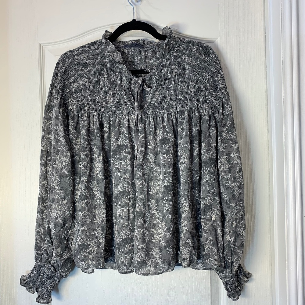 Grade & Gather Cottagecore Floral Sheer Blouse Grey Taupe Ruffle Long Sleeve L‎